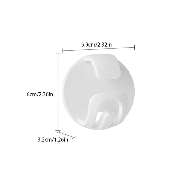 White plastic circular hook with size measurements; the wash basin storage rack is not fully visible as a complete assembly.