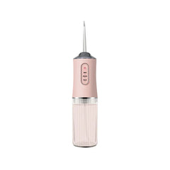 Water Flosser - Blush pink portable oral irrigator with clear ribbed water reservoir, three pressure setting controls, and extended floss tip