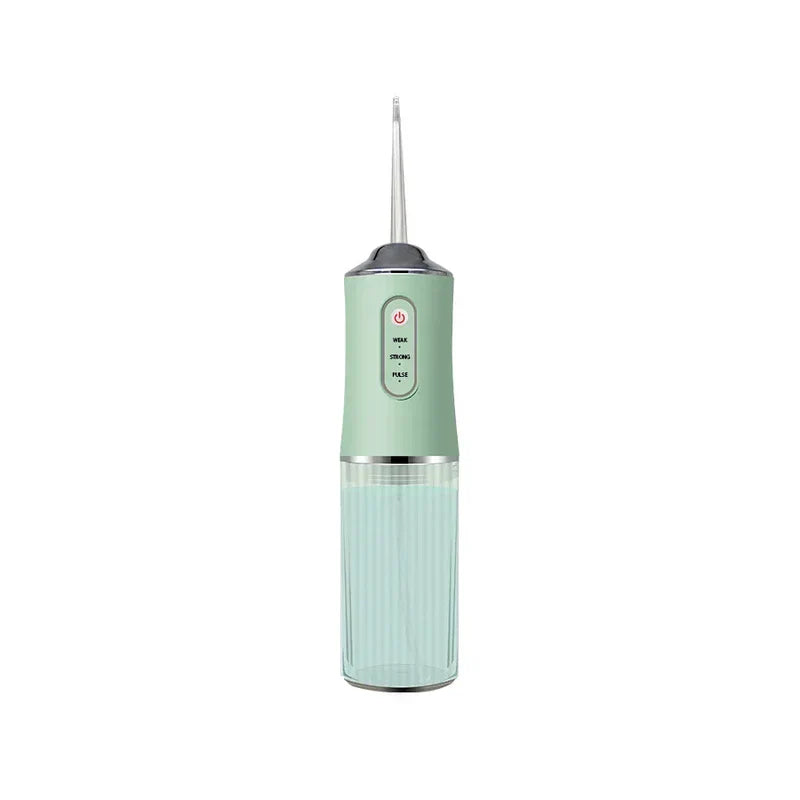 Water Flosser - Mint green handheld cordless oral irrigator with transparent reservoir, three pressure settings, and narrow pointed tip, on plain white background