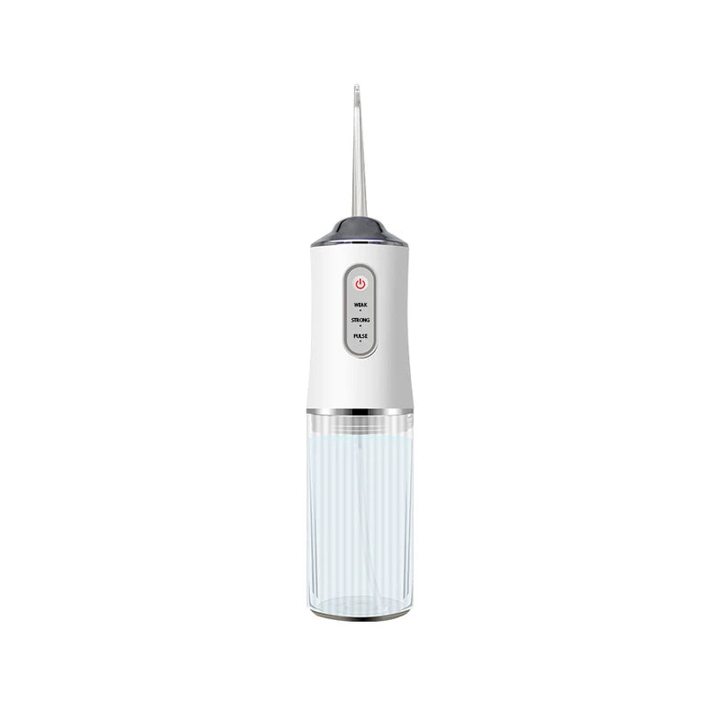 Water Flosser - White handheld cordless oral irrigator with transparent reservoir, three pressure settings, and narrow pointed tip, on plain white background