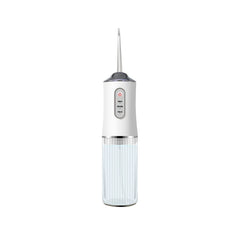 Water Flosser - White handheld cordless oral irrigator with transparent reservoir, three pressure settings, and narrow pointed tip, on plain white background