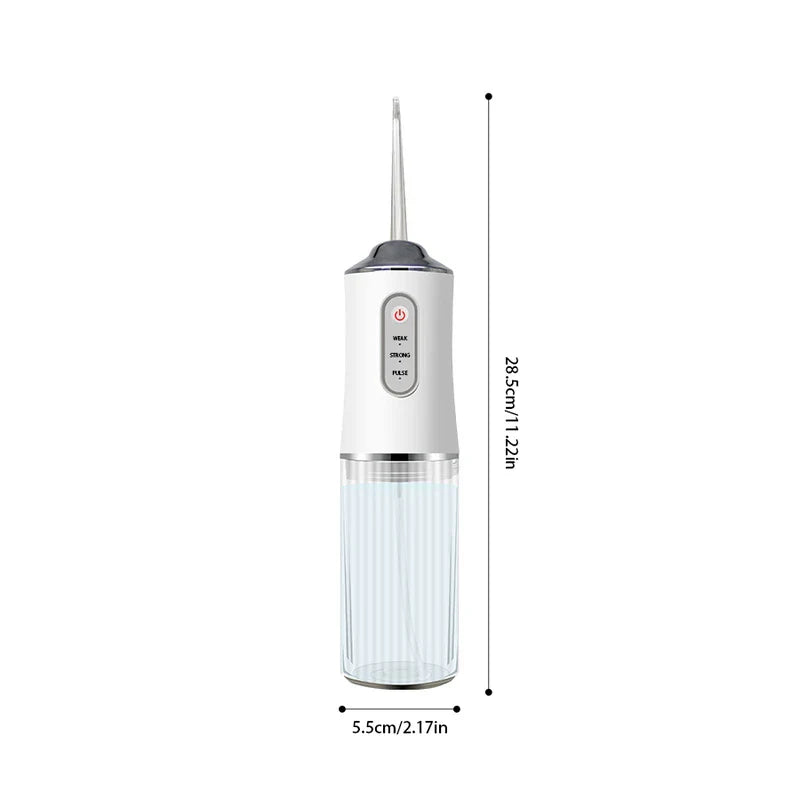 White portable water flosser with height and width measurement markers against a white background