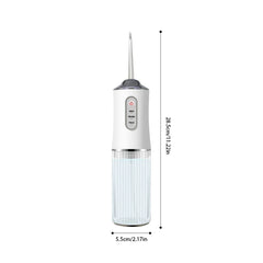 White portable water flosser with height and width measurement markers against a white background