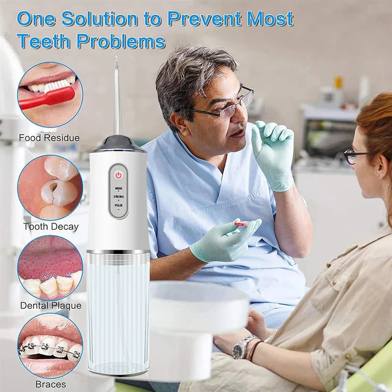 Water Flosser - Dentist talking to a dental patient, with a white cordless oral irrigator in the foreground and dental problem example circles on the left