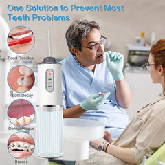 Water Flosser - Dentist talking to a dental patient, with a white cordless oral irrigator in the foreground and dental problem example circles on the left