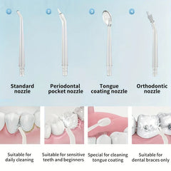 irrigador dental - Cuatro boquillas intercambiables del irrigador dental mostradas en fila, cada una con ilustración de uso y texto descriptivo debajo