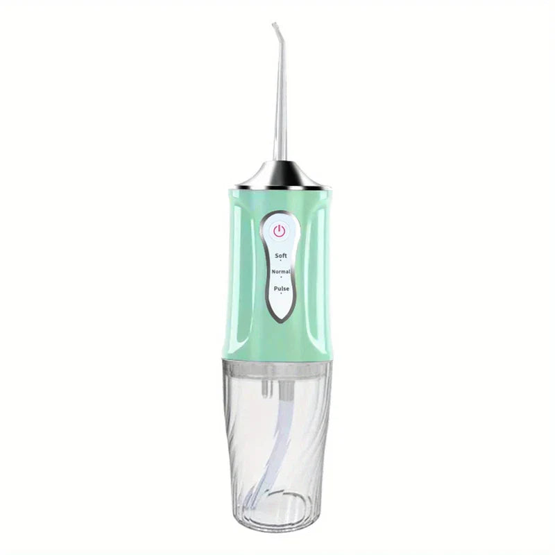 irrigador dental - Irrigador dental portátil de color verde menta con depósito de agua transparente, panel de control y boquilla curva