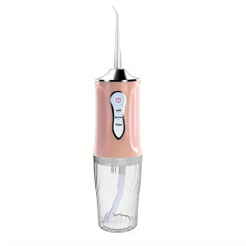 irrigador dental - Irrigador dental portátil de color rosa con depósito de agua transparente, panel de control y boquilla curva