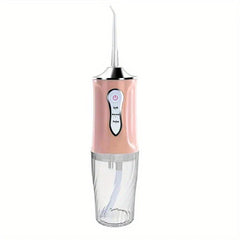 irrigador dental - Irrigador dental portátil de color rosa con depósito de agua transparente, panel de control y boquilla curva