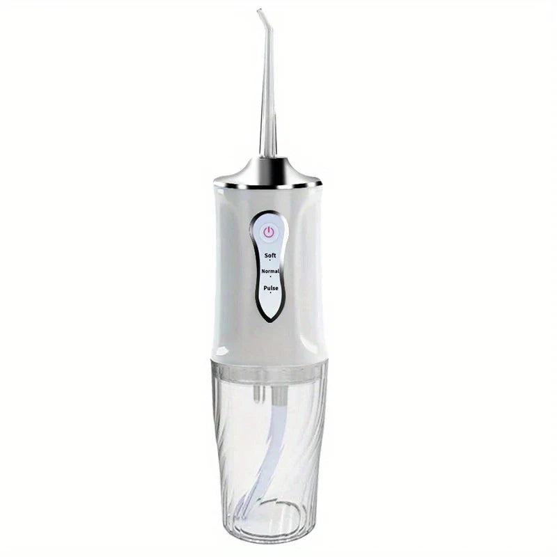 irrigador dental - Irrigador dental portátil de color blanco con depósito de agua transparente, panel de control y boquilla curva