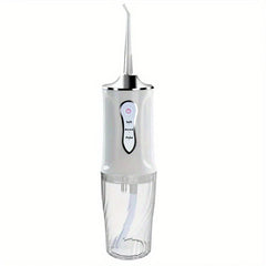 irrigador dental - Irrigador dental portátil de color blanco con depósito de agua transparente, panel de control y boquilla curva