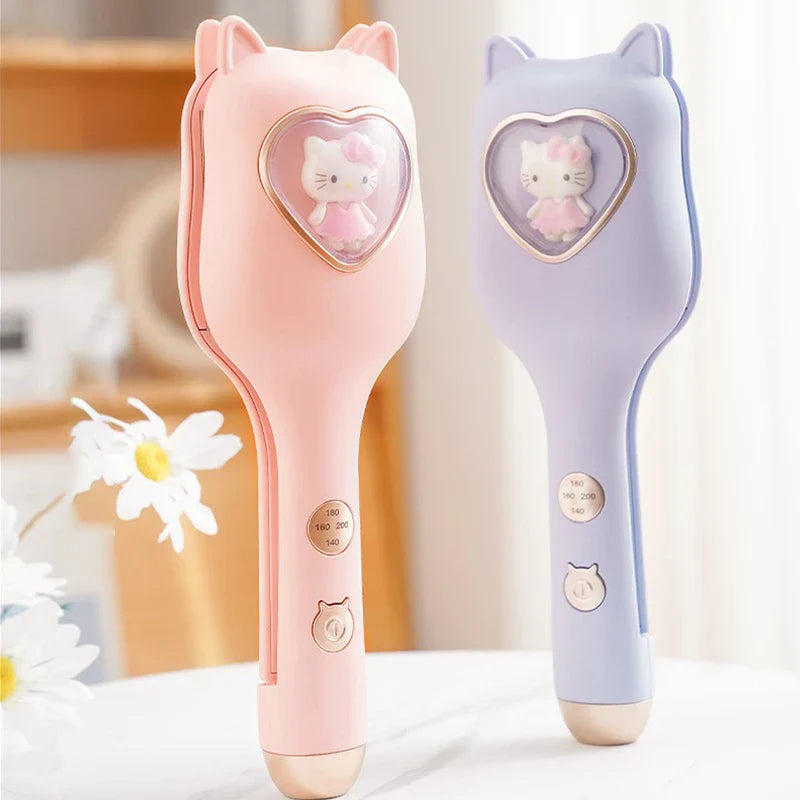 Pink and light purple Hello Kitty egg roll maker standing upright on a marble table, with white daisies to the left