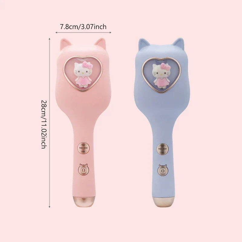 Pink and light blue Hello Kitty egg roll maker, front view, with dimensions labeled 7.8cm wide and 28cm tall on a pale pink background