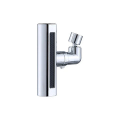 Chrome faucet sink attachment with vertical perforated panel against plain white background