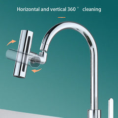 Chrome faucet sink attachment with 360° rotation arrows mounted on a curved kitchen faucet