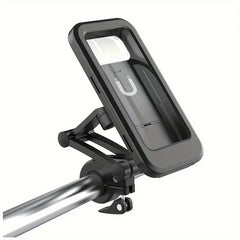 Waterproof Bike Phone Mount - Black handlebar-mounted adjustable phone holder with enclosed case, mounted on a metallic bar
