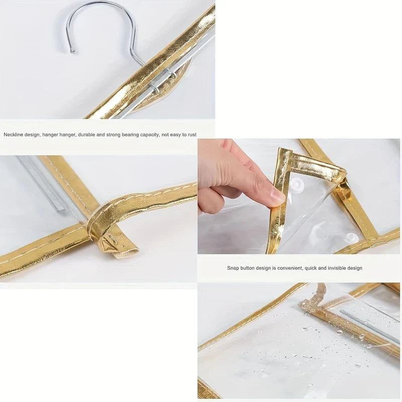 organizador para ducha - Primeros planos de la bolsa colgante que muestran su gancho metálico, ribete cosido, broche de presión y superficie resistente al agua con gotas de agua