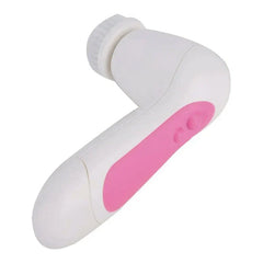 White and pink sonic facial cleansing brush with a brush head, angled view on a white background