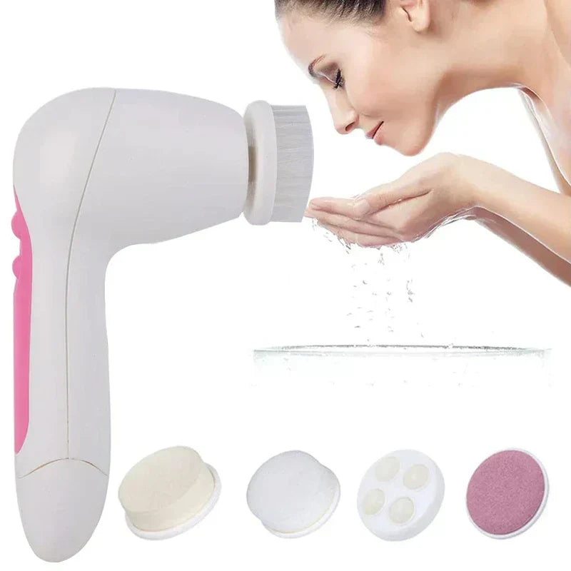 Sonic facial cleansing brush shown with four replacement heads, and a person washing their face nearby