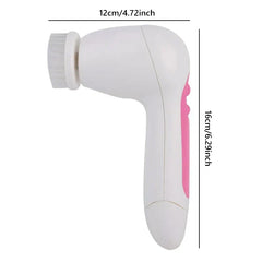 Side view of a white and pink sonic facial cleansing brush, labeled with 12cm width and 16cm height dimensions