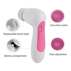 White and pink sonic facial cleansing brush with callouts for replaceable head, battery, switch, and gear adjustment