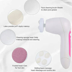 Sonic facial cleansing brush shown with five interchangeable heads for cleaning, makeup, massage, and foot care