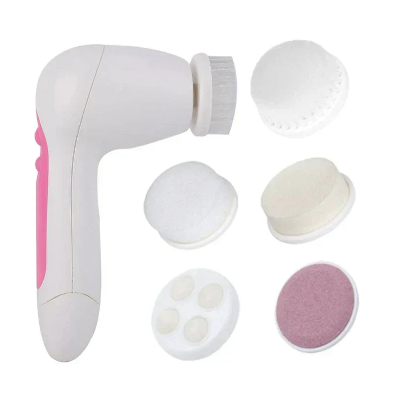 Sonic Facial Cleansing Brush - Cordless electric facial cleansing brush with five interchangeable brush heads, on white background