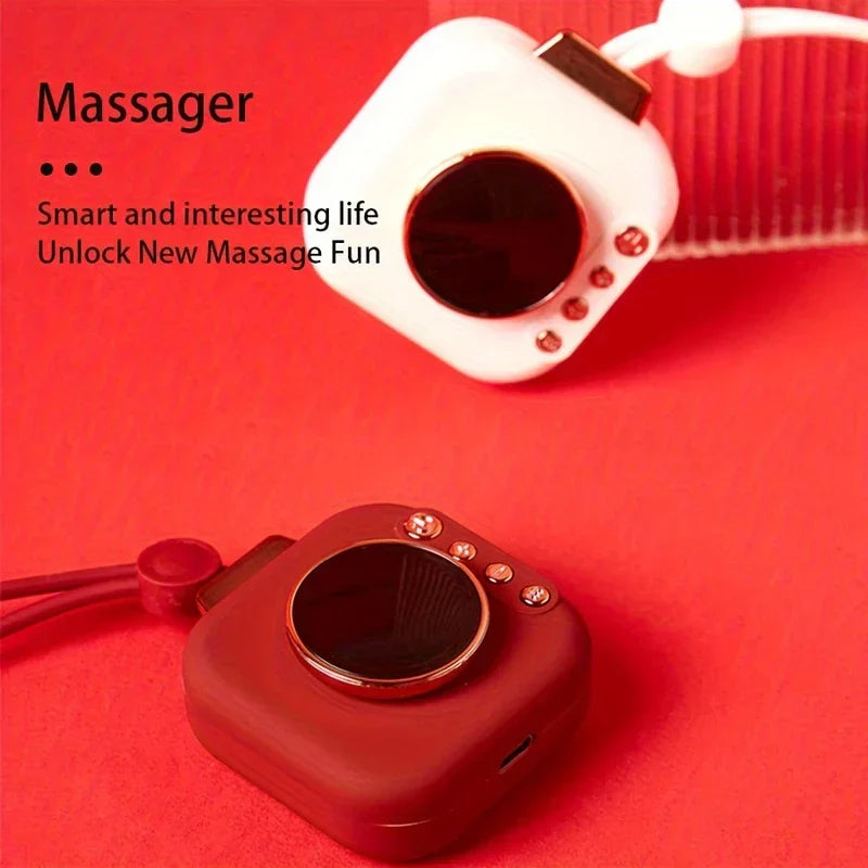 Pendant Neck Massager - Red and white device variants shown with descriptive product text on a red background