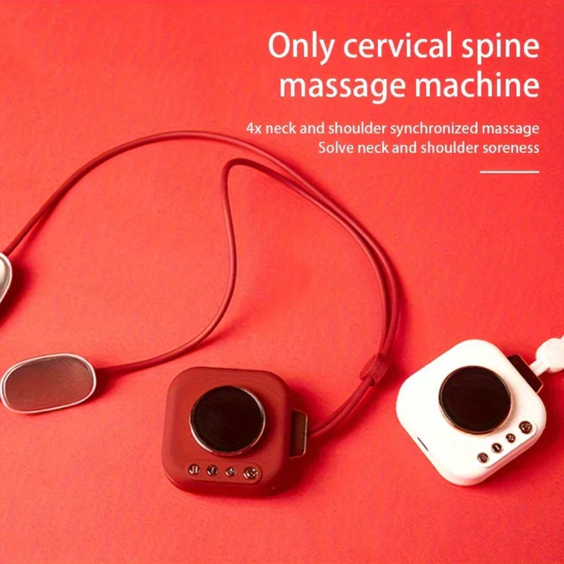 Pendant Neck Massager - White and red pendant cervical massagers on red background, with product text in the upper right