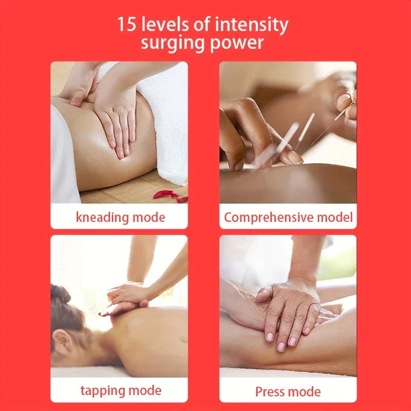 Pendant Neck Massager - Four massage mode examples including kneading, acupuncture, tapping and pressure, with intensity level text