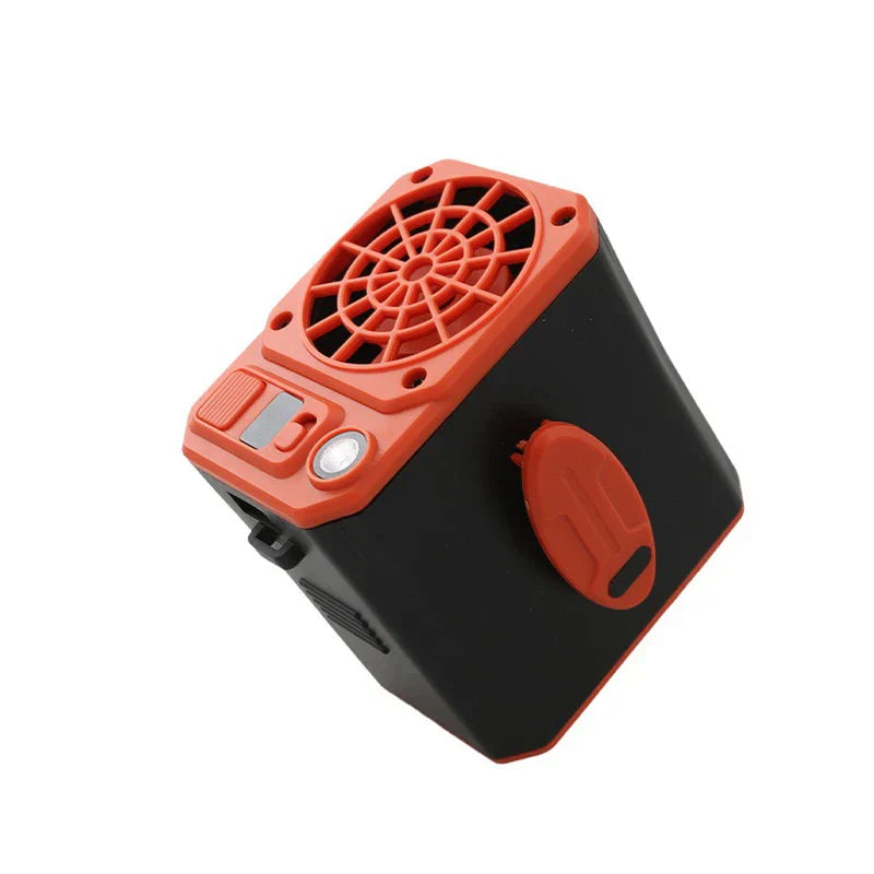 Wearable Waist Clip Usb Belt Fan - Orange and black compact personal fan unit showing front grille, control buttons, integrated light, and side clip