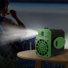 Wearable Waist Clip Usb Belt Fan - Green and black fan unit placed on a small round table, blowing cool air with built-in light activated in an outdoor evening setting