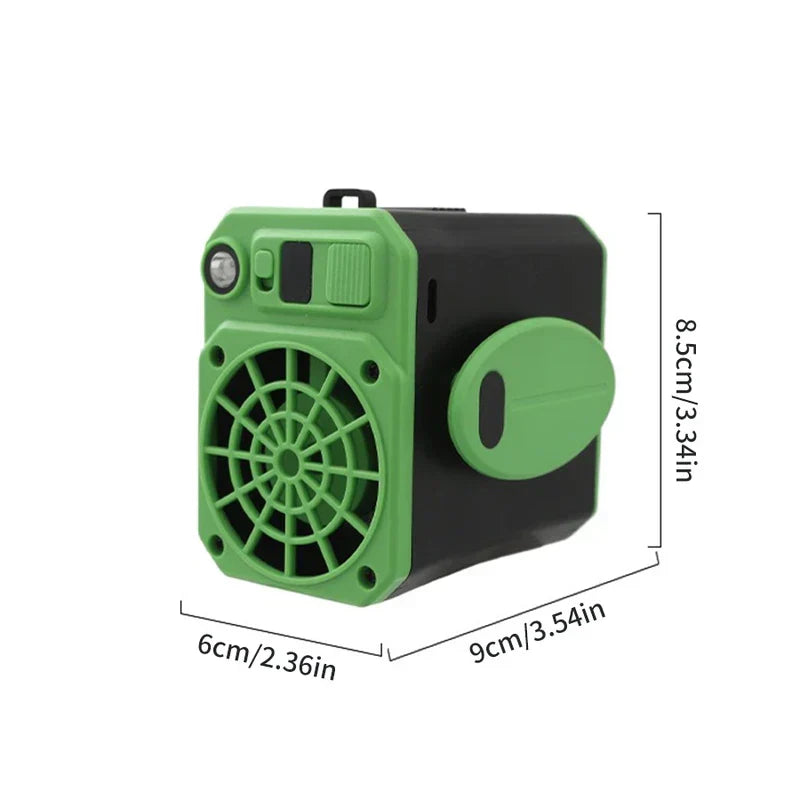 Wearable Waist Clip Usb Belt Fan - Green and black portable waist fan shown against a plain white background with dimension labels for height, width, and depth