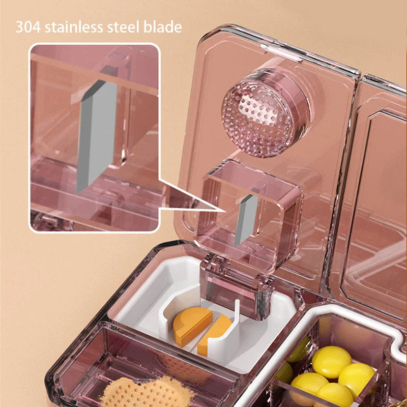 Weekly Pill Organizer - Close-up of the pill cutting compartment with 304 stainless steel blade, partially cut pill visible inside