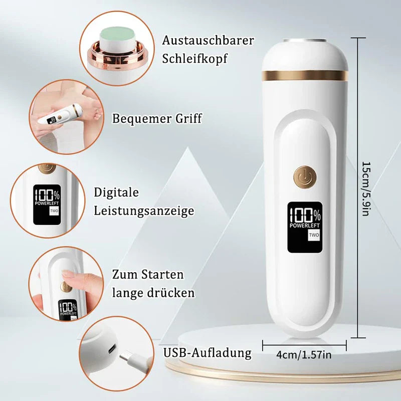 Pedicure Callus Shaver - White handheld electric foot file with gold accents, dimension labels, callouts for its features and charging port