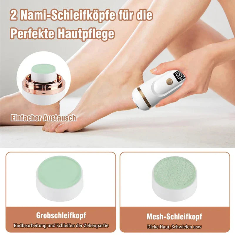Pedicure Callus Shaver - Hand holding the foot file against a heel, with two interchangeable grinding heads displayed and labeled