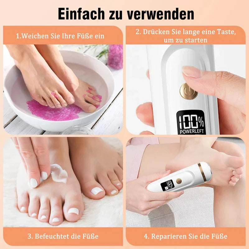 Pedicure Callus Shaver - Four-panel illustration of foot care device usage steps, with German step labels