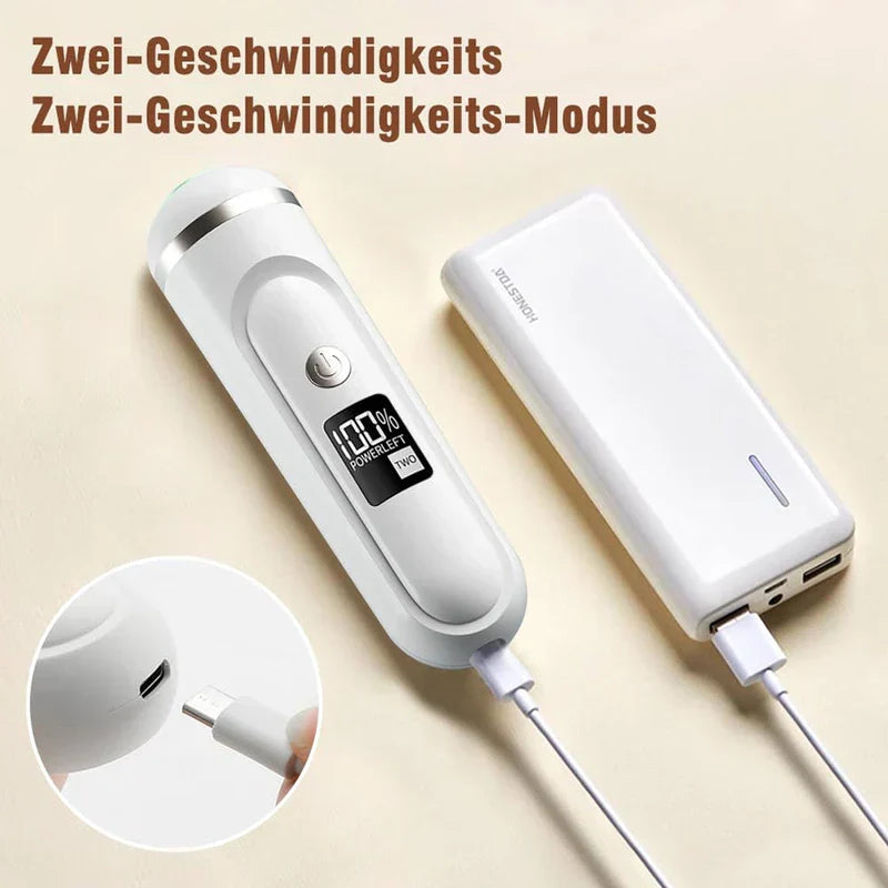Pedicure Callus Shaver - White electronic foot care device connected to a power bank via charging cable, showing dual speed mode text and charge display