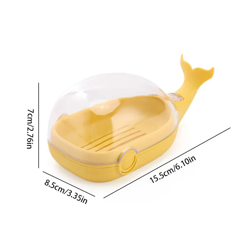 Whale Soap Holder - Yellow whale-shaped soap dish with clear dome lid, shown with dimension labels.