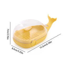 Whale Soap Holder - Yellow whale-shaped soap dish with clear dome lid, shown with dimension labels.