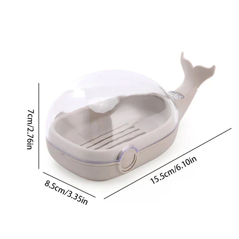 Whale Soap Holder - Light gray whale-shaped soap dish with clear dome lid, shown with dimension labels.