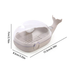 Whale Soap Holder - Light gray whale-shaped soap dish with clear dome lid, shown with dimension labels.