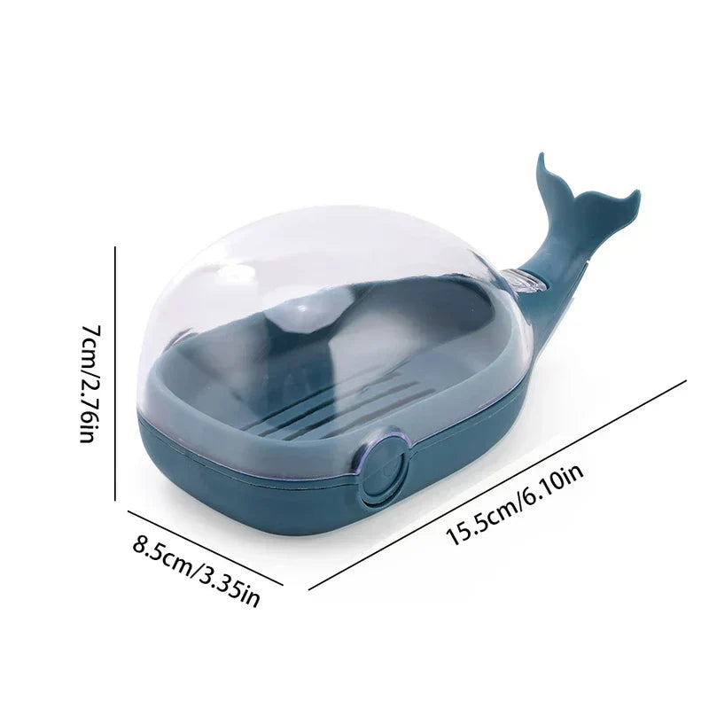 Whale Soap Holder - Dark teal whale-shaped soap dish with clear dome lid, shown with dimension labels.