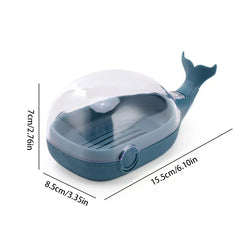 Whale Soap Holder - Dark teal whale-shaped soap dish with clear dome lid, shown with dimension labels.