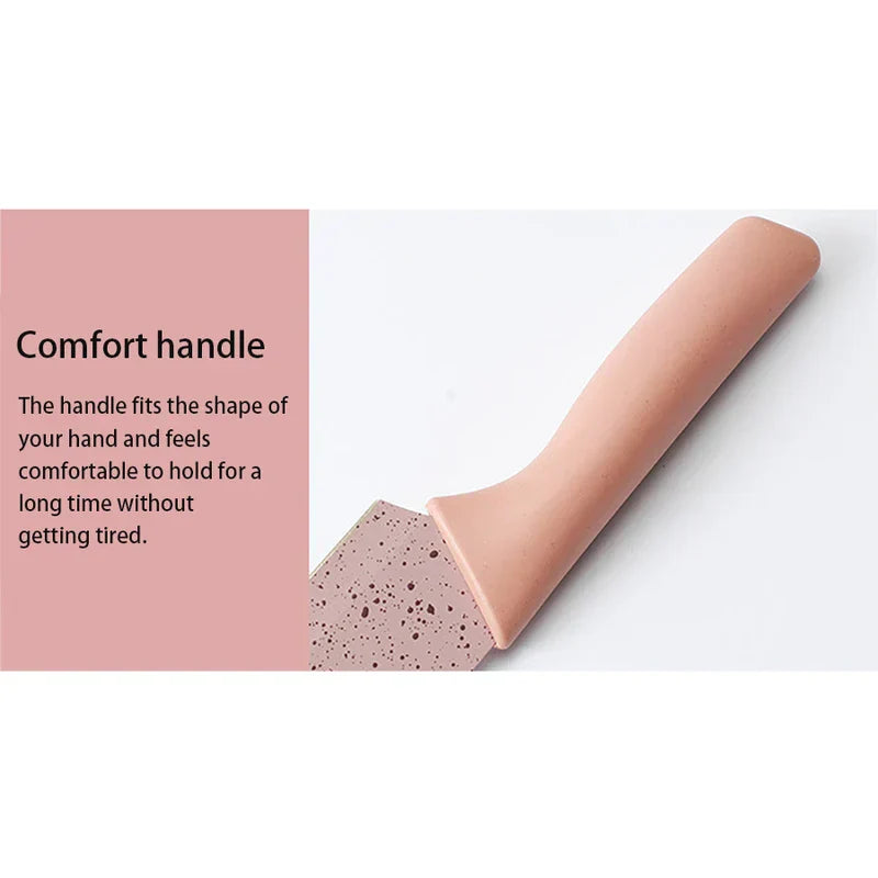 Organizer Box - Close-up of a speckled pink kitchen tool with a smooth pink handle, text box on left describes handle comfort