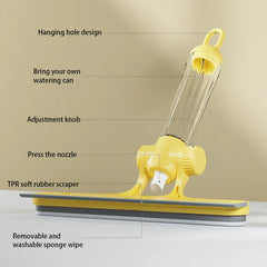 Herramienta limpiadora de ventanas: mini trapeador amarillo y transparente con piezas etiquetadas que indican orificio para colgar, depósito de agua, perilla, boquilla, rasqueta y esponja