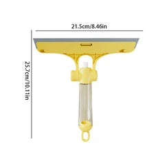 Herramienta limpiadora de ventanas: diagrama de dimensiones del producto de la herramienta de limpieza manual, marcado 21,5 cm de ancho y 25,7 cm de alto, cuerpo amarillo con hoja gris sobre fondo blanco