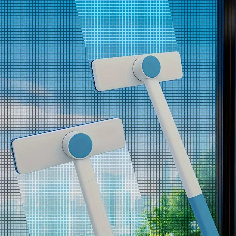 Two window screen cleaner brushes are held against a mesh window screen, showing the cleaning heads in use.