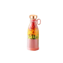 Drinking Glass - Pink wine bottle shaped glass filled with layered cut kiwi, mango, and strawberry, with copper lid and pink carry loop