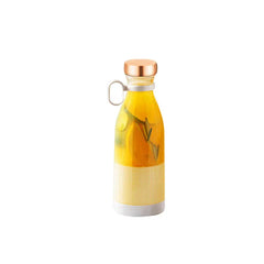 Drinking Glass - Glass bottle with copper lid, side carry loop, ribbed pale yellow lower sleeve, holding yellow fruit-infused drink with citrus slices and herb sprig.